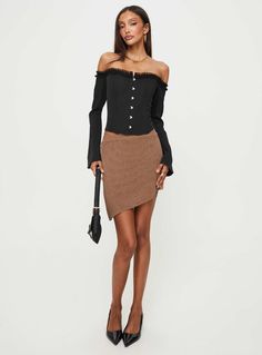 Bronwen Asymmetrical Mini Skirt Brown Asymmetrical Mini Skirt, Metallic Yarn, Fleece Dress, Outerwear Outfit, Loungewear Sets, Skirts Online, Curve Dresses, Casual Tank Tops, Tops Fall