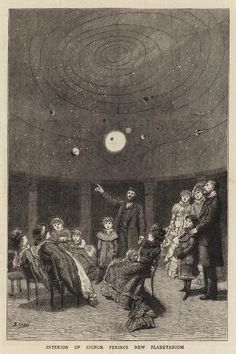 an old black and white drawing of people in a room with the stars above them