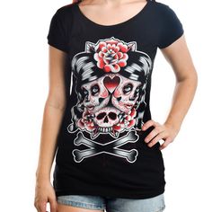 Two Headed Sugar Skull Boat Neck Tee By Too Fast Apparel Cap Sleeves And A Boat Neck This Shirt Is Very Soft Black Skull Print Tops For Alternative Fashion, Black Emo Top With Skull Print, Cap Sleeve Tee, Two Heads, Swag Shoes, Skull Cap, Fancy Dresses, Sugar Skull, Boat Neck