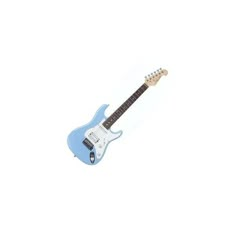 an electric guitar is shown against a white background and has a light blue body with black hardware