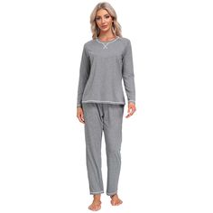 Material: 91% Polyester, 9% Spandex Material characteristics： 91% Polyester, 9% Spandex. Womens pajama set were made of lightweight, stretchy, soft and skin-friendly fabric, keep you relaxed while sleeping at night and enjoy superior comfort. Features: The long sleeve pajama tops with round neck & front fashion design, simple but elegant, perfect for house or daily wear on cooling day. Full length pajama pant with elastic waistband, features loose fit to offers you tummy support, allowing more f Comfortable Solid Color Sleepwear With Pockets, Comfortable Solid Sleepwear With Pockets, Comfy Sleepwear With Pockets For Loungewear, Gray Long Sleeve Sleepwear For Pajama Party, Gray Loungewear Sets With Pockets, Gray Relaxed Fit Loungewear Set, Casual Gray Cotton Sleepwear, Gray Long Sleeve Casual Sleepwear, Gray Cotton Sleepwear For Loungewear