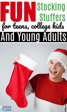 a young boy wearing a santa hat and holding a christmas stocking with the words fun for teens, college kids and young adults