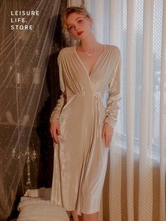 Velvet lace-up robe for women winter Simple and elegant deep V velvet robe Fitted V-neck Robe For Sleep, Fitted V-neck Sleep Robe, Elegant V-neck Robe In Solid Color, Fitted V-neck Robe For Loungewear, Elegant V-neck Velvet Dress For Winter, Elegant Winter Loungewear Dresses, Elegant Long Sleeve Solid Robe, Elegant Long Sleeve Solid Color Robe, Elegant Long Sleeve Robe