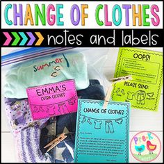 the change of clothes notes and labels are organized in this classroom bag for students to use