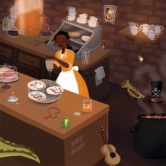 an illustration of a woman cooking in the kitchen