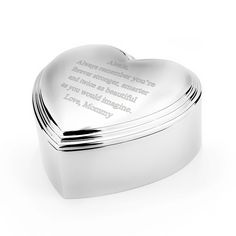 You will adore this personalized heart jewelry box! The heart shaped lid sits on top of heart layers, giving the box depth. Engrave the top with a monogram! Heart Jewelry Box, Jewelry Shop Display, Custom Bar Necklace, Coordinates Jewelry, Caged Necklace, Silver Jewelry Box, Family Tree Necklace, Bar Jewelry, Heart Shaped Jewelry