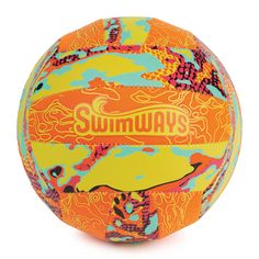 an orange and blue beach ball with the words swimways on it