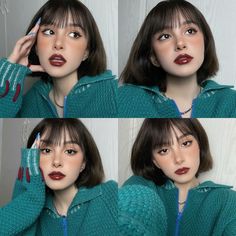 four photos of a woman with brown hair and green sweater holding her hand up to her face