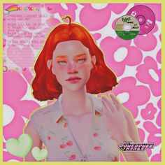 a woman with red hair and green eyes is in front of a pink background that has various cd's on it