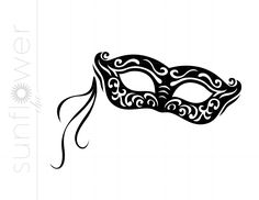 a black and white drawing of a masquerade mask with swirls on it