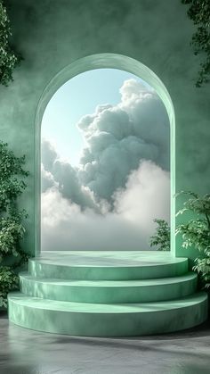 an arch in the middle of a room with stairs leading up to it and clouds above