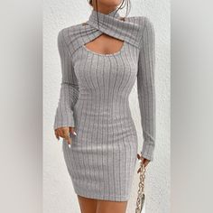 New Beautiful Dress Chic Gray Mini Sweater Dress, Fitted Mini Sweater Dress For Parties, Spring Mini Sweater Dress For Date Night, Gray Winter Dresses For Night Out, Fitted Sweater Dress For Spring Party, Elegant Gray Mini Dress For Winter, Chic Gray Fitted Dress, Chic Fitted Gray Dress, Bodycon High Neck Sweater Dress For Spring