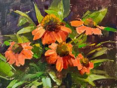 an oil painting of orange flowers in a vase