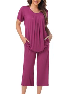 PRICES MAY VARY. HIGH QUALITY MATERIAL - Capri pajamas set is made of 95% Rayon, 5% Spandex, the fabric is soft, comfy, stretchable and lightweight. TWO PIECES OF PJS SET - Cute & convenient. Relaxed fit Solid color crewneck short sleeve tops with pleated front. Capri pajama pants with 2 pockets and elastic waistband which is stretchy and roomy. RELAXED FIT - No matter you are petite or plus size, this pjs for women accommodates almost all body shapes and sizes. With it's soft to the touch feel Comfortable Solid Color Sets For Pajama Party, Sleepwear With Pockets, Relaxed Fit Pajama Set With Pockets For Party, Relaxed Fit Sets With Pockets For Pajama Party, Casual Solid Color Pajama Party Sets, Casual Solid Color Sets For Pajama Party, Casual Bedtime Sets With Pockets, Relaxed Fit Solid Color Long Pants Set, Relaxed Fit Long Pants Sets