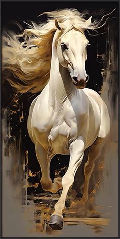 a painting of a white horse running in the wind