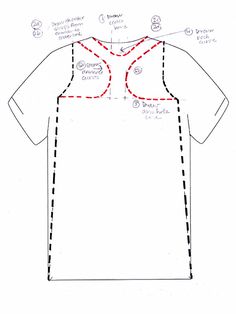 the front and back view of a white shirt with red stitching on it, which is