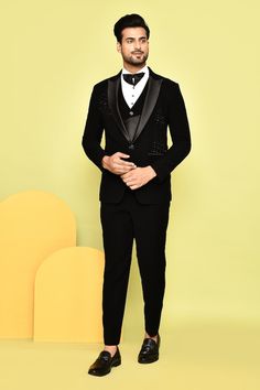 Black tuxedo with stone embroidery and pintuck detail. Paired with asymmetric waistcoat, white shirt, pant and stone embroidered bow. - Aza Fashions Embroidered Tuxedo, Waistcoat Pattern, Stone Embroidery, Jayanti Reddy, Geometric Stone, Embroidered Bow, Diana Penty, Shirt Pant, Rohit Bal