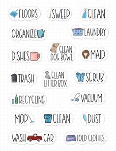 stickers with words and pictures on them that say cleaning, laundry, dust, clothes