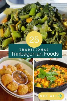 there are many different foods in this collage with the words traditional tribagonian foods