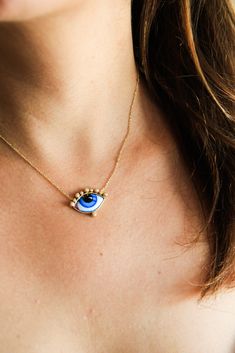 14K yellow gold "Russe Grand Bleu" diamond necklace with a big blue enameled eye and white (0.070ct) brilliant cut Diamonds. Big Blue, Brilliant Cut Diamond, Diamond Necklace, Diamond Cuts, Diamonds, Yellow Gold, Yellow, Gold, Blue