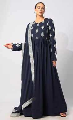 Foil and Zari Embroidered Navy Anarkali with Dupatta Transitional Season Embroidered Anarkali Set, Georgette Anarkali Set For Traditional Ceremonies During Diwali, Eid Anarkali Set With Intricate Embroidery, Traditional Long Sleeve Anarkali Set With Dabka Work, Long Sleeve Anarkali Set With Intricate Embroidery, Embroidered Semi-stitched Long Sleeve Anarkali Set, Traditional Floor-length Anarkali Set For Eid, Floor-length Anarkali With Embroidery, Traditional Maxi Length Anarkali Set With Resham Embroidery