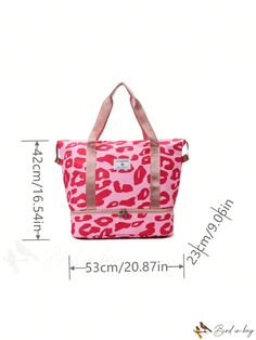 BirdinBag - Foldable Travel Bag with Leopard Pattern, Letter Patch Decor, and Double Handles Pink Handheld Travel Bag, Trendy Foldable Rectangular Bag, Trendy Rectangular Foldable Bags, Foldable Travel Bag For Daily Use, Pink Foldable Bag For Daily Use, Pink Foldable Rectangular Bag, Foldable Tote Travel Bag For Daily Use, Foldable Travel Pouch Bag, Foldable Rectangular Shoulder Bag For Shopping