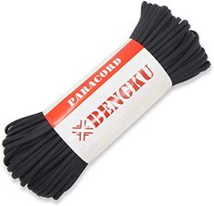 black paracord cord with red and white logo on the end, in a package