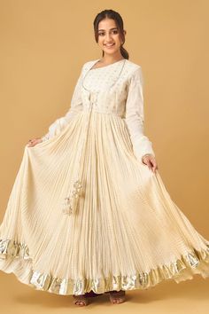 Buy Ivory Chanderi Embroidered Thread Work Gota Kalidar Anarkali Set For Women by MAISOLOS Online at Aza Fashions. White Anarkali Gown For Diwali, Festive White Anarkali Gown, White Anarkali Gown For Navratri, Traditional Drape Cream Gown With Dupatta, Cream Gown With Traditional Drape For Eid, Festive Anarkali Gown In Off White, Off White Semi-stitched Gown With Dupatta, Festive Off White Floor-length Gown, Festive Off-white Floor-length Gown