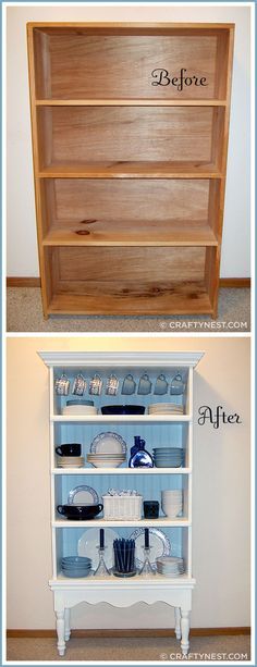 the before and after of an old bookcase makeover