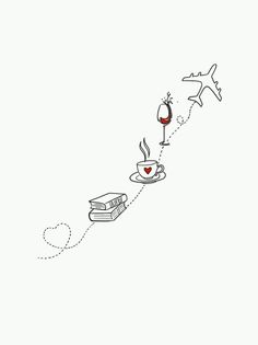 a line drawing of an airplane flying over a book with a glass of wine on it