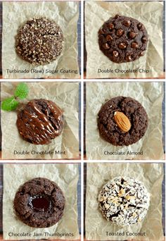 six different types of chocolate cookies with nuts and other toppings on top of them