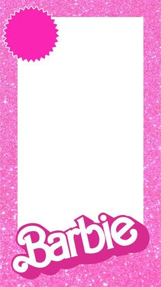 a pink and white frame with the word barbie on it in front of a glitter background