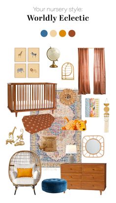 a baby's nursery with lots of furniture and decor on the walls, including a crib