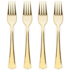 four gold forks and two knives on a white background with clippings to the side