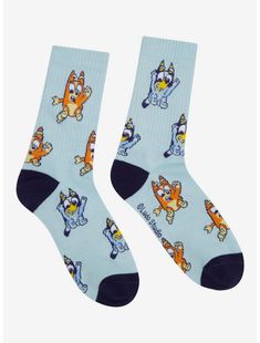 Bluey Bingo & Bluey Allover Print Crew Socks Casual Multicolor Cartoon Print Socks, Trendy Stretch Blue Socks, Fun Blue Cotton Socks, Comfortable Blue Socks For Playtime, Cute Blue Socks For Playtime, Playful Blue Cotton Socks, Cute Blue Socks For Stocking Stuffers, Bluey Outfits, Bluey Socks