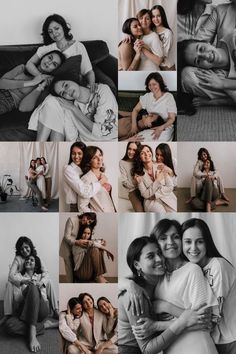 many different pictures of women posing together in black and white, with one woman hugging the other