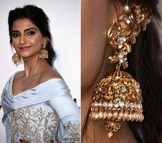 sonam kapoor huge jumkas Gold Jhumka Earrings, Bridal Necklace Designs, Temple Jewelry Necklace, Antique Jewellery Designs, Antique Bridal Jewelry, Asian Jewelry, Indian Jewellery Design Earrings, Bridal Jewelry Collection, Indian Jewelry Sets