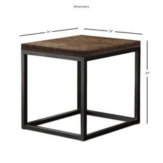 the square side table is shown with measurements for each end and one section on top