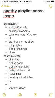 a screenshot of sad and happy playlist name ideas Images For Spotify Playlist, Spotify Playlist Name, Playlist Name Ideas, Playlist Name, Best Spotify Playlists, Funny Instagram Captions