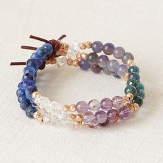 Divinely Guided Bracelet Stack of 3, 6mm Gemstones, Apatite, Kyanite, Phantom Amethyst, Iolite Sunstone, Herkimer Diamond Quartz, Rose Gold, Leather Knot Spiritual Hand Wrapped Friendship Bracelets, Everyday Spiritual Hand-wrapped Friendship Bracelets, Spiritual Gemstone Beads Friendship Bracelets For Healing, Spiritual Healing Gemstone Beads Wrap Bracelet, Healing Spiritual Friendship Bracelets, Spiritual Stackable Friendship Bracelets, Spiritual Stackable Round Beads Friendship Bracelets, Spiritual Gemstone Beads Jewelry For Friendship, Spiritual Stackable Friendship Bracelets With Round Beads