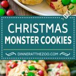 christmas monster cookies on a plate with candy