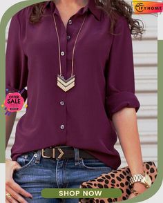 Deep Purple Long Sleeve Shift Blouse Fall Blouse With Buttons, Versatile Solid Color Fall Shirt, Chic Non-stretch Button-up Blouse, Trendy Office Blouse For Fall, Fall Blouse With Button Closure For Layering, Solid Color Non-stretch Blouse For Fall, Non-stretch Fall Workwear Blouse, Fall Non-stretch Workwear Blouse, Casual Non-stretch Blouse For Work