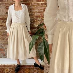 "Vintage 1970s does Edwardian / antique inspired off-white linen cotton petticoat style skirt. Features a pleated waist, embroidered eyelet trim hem, single hip pocket, and button closure at the waist. Material is slightly semi sheer. The skirt is in excellent condition. Fits best size Small, 27\" waist. Please check measurements below. Tag: Label cut out 54% Linen 41% Cotton Made in USA of imported fabric 12 (vintage size, check measurements) Measurements are done with garment laying flat and a 18th Century Skirt, Edwardian Skirt, Victorian Skirt, Petticoat Skirt, Dirndl Skirt, Bridal Skirts, Eyelet Skirt, Evening Jumpsuit, White Maxi Skirts