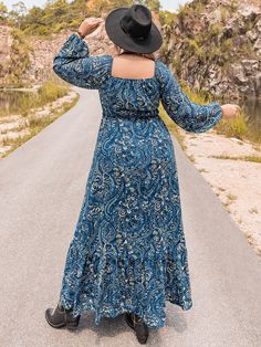 Cozy Plus Size Autumn/Winter Dress - Blue,3XL Winter Midi Dress With Square Neck, Blue Square Neck Dress For Fall, Square Neck Midi Dress For Winter, Bohemian Blue Winter Dresses, Fall Floral Print Maxi Dress With Square Neck, Winter Floral Print Long Sleeve Dresses, Fall Bohemian Maxi Dress With Square Neck, Long Sleeve Floral Print Winter Dress, Winter Bohemian Maxi Dress