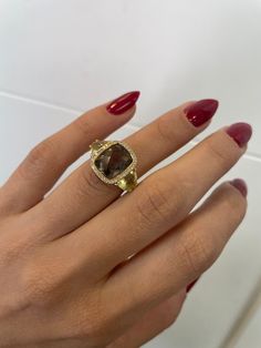 Vintage Cocktail Ring - 3CT Cushion Briolette Smoky Topaz, Solid 18k Yellow Gold, Retro ring, Estate Ring, Lemon Quartz Ring, Statement ring Jewelry Material: Yellow Gold 18k (the gold has been tested by a professional) Total Carat Weight: 6.25 ct (Approx.) Total Metal Weight:  5.58g Size:4.75 US \ 15.53mm                                                                                              Grading Results: Stone Type: smoky topaz  Shape: cushion briolette  Carat:3 ct (Approx.), Stones Qu Formal Citrine Open Ring Jewelry, Formal Open Ring Citrine Jewelry, Gold Rings With Rose Cut Cushion Diamonds, Heirloom Gold Cushion Cut Ring, Gold Cushion Cut Sapphire Ring Fine Jewelry, Gold Topaz Promise Ring Fine Jewelry, Elegant Gold Sapphire Ring With Cushion Cut, Fine Gold Topaz Promise Ring, Gold Cushion Cut Topaz Ring For Formal Occasions