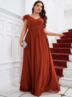 Terracotta Bridesmaid Dresses Plus Size, Fall Bridesmaid Dresses Plus Size, Burnt Orange Wedding Dress, Burnt Orange Bridesmaid Dress, Burnt Orange Dresses, Chiffon Gown Styles, Orange Dress Outfits, Burnt Orange Bridesmaid Dresses, Plus Size Bridesmaid Dresses