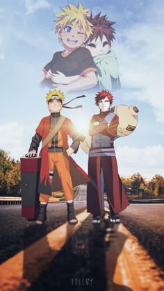 two anime characters standing next to each other on a road with trees in the background