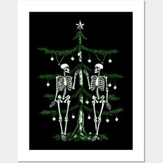 two skeleton christmas tree with lights and ornaments on the branches, one is green and the other is white