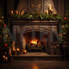 a fireplace with candles and christmas decorations