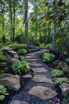 a stone path in the middle of a forest